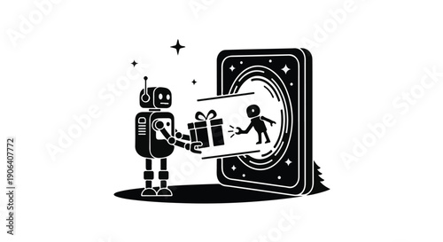Friendly robot offers gift through portal to tiny person, symbolizing connection and technology.