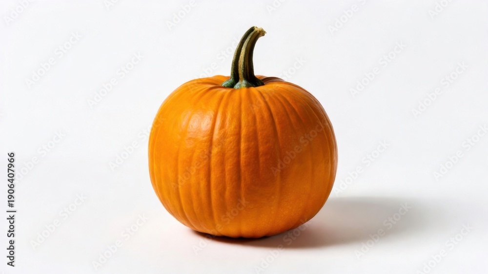 Obraz premium Bright orange pumpkin with green stem on white background.