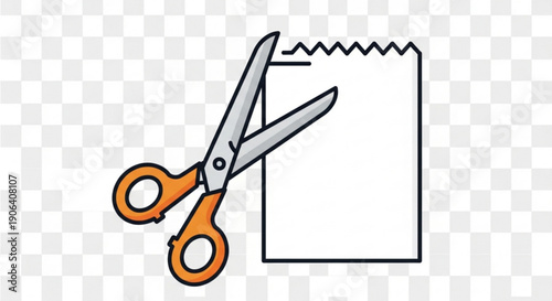 Scissors cutting a white paper sheet with orange handles on a transparent background