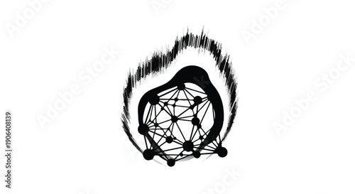 Abstract network of interconnected nodes with fiery aura on white background