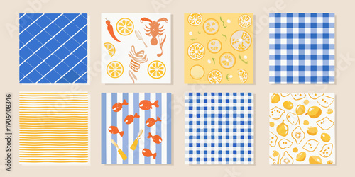 A collection of nine patterned squares featuring seafood and summer themes