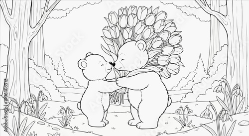 Coloring book for children - Mother bear kisses a bear cub for a bouquet of tulips in a blooming forest, touching scene