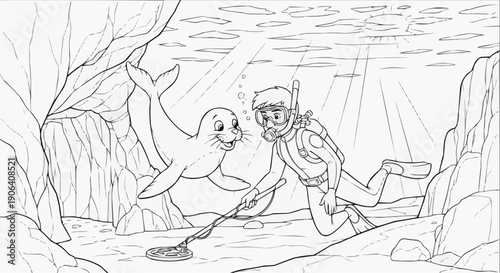 Diver interacting with a friendly seal while using a metal detector underwater, exciting adventure