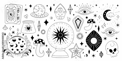 Mystical and occult symbols tarot cards crystals moons and celestial objects