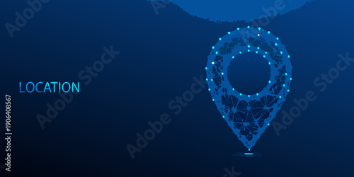Abstract location pin icon composed of interconnected glowing dots on a dark blue background