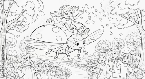 Coloring book for kids - A girl flies on a giant ladybug over a spring park scattering flower petals