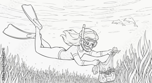 Coloring book for kids - A girl snorkeling underwater, collecting garbage in a bag to protect the marine environment