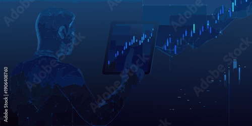 Digital financial data analysis with a person interacting with a tablet