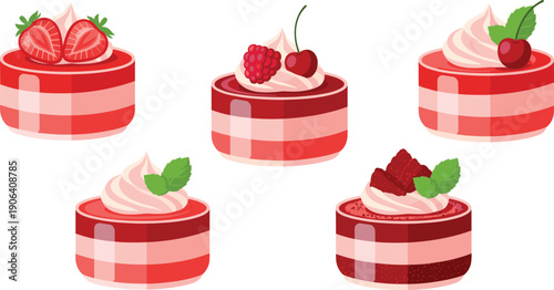 Strawberry and Berry Layer Cake Set Isolated on White Background Flat Vector Illustration