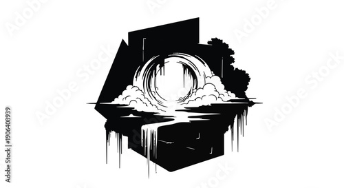 Abstract geometric landscape with cascading water and stylized trees