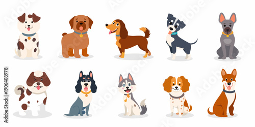 A collection of cartoon dogs in various breeds and colors