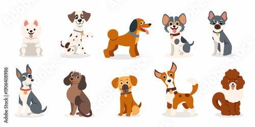 Collection of cartoon dogs in various breeds and colors front view