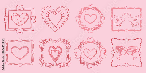 Collection of hand drawn pink heart and love themed decorative frames