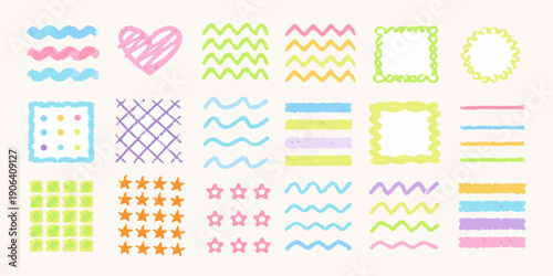 Colorful doodle shapes and lines resembling crayon or pastel drawings