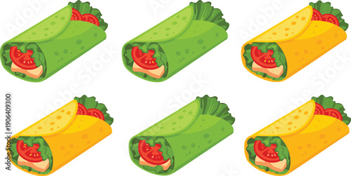 Wrap Sandwich Roll Set with Green and Yellow Tortilla Isolated on White Background Flat Vector Illustration