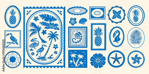 A collection of vintage style blue and white botanical and avian illustrations