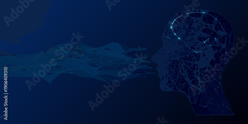Abstract digital illustration of a human head dissolving into data streams