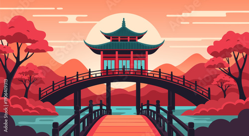 Beautiful Traditional Japanese Temple on a Bridge Over Water, Serene Landscape Vector Illustration