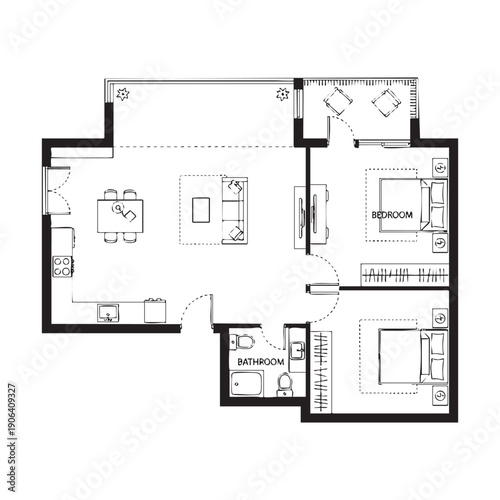 Black and white floor plan of a small apartment with bedroom bathroom and living area