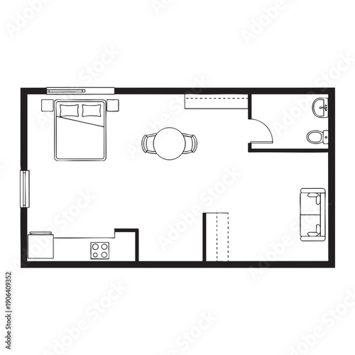 Black and white floor plan of a small studio apartment with a bed, kitchenette, dining area, and bathroom
