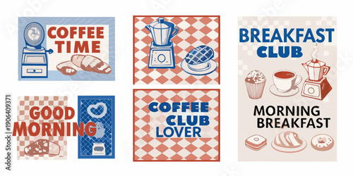 Vintage style breakfast and coffee themed illustrations in a grid layout