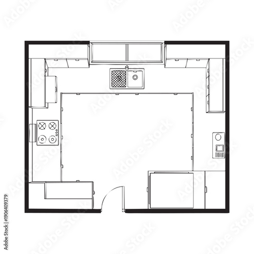 Black and white kitchen layout plan with appliances and cabinetry
