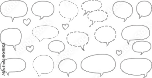 Collection of hand-drawn speech bubbles and heart outlines on a white background, perfect for graphic design and communication concepts.
