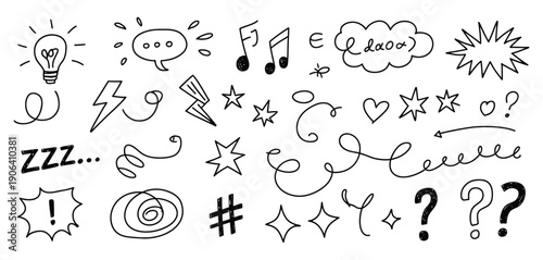 Manga expression, emotion and motion comic hand drawn elements, including speech bubbles