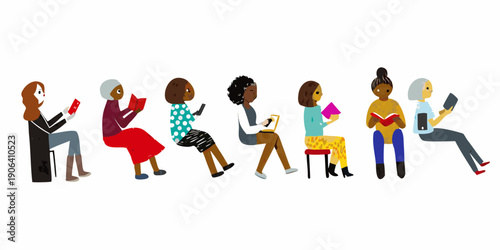 Diverse group of people reading books in a colorful illustrated style