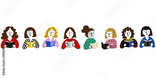 Diverse group of illustrated people reading books in a row