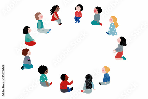 Diverse group of children sitting in a circle facing inwards