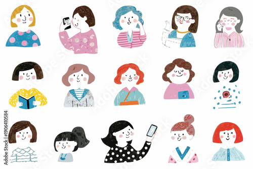 Diverse group of illustrated women with varying hairstyles and activities