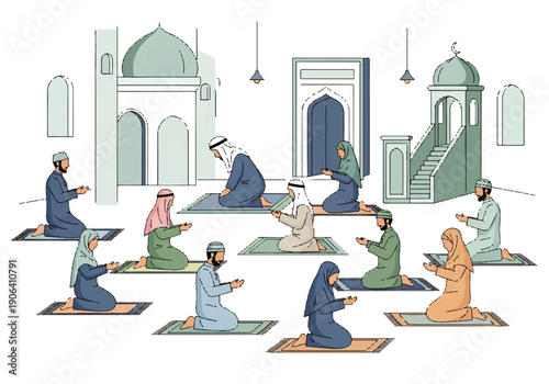 Vector flat design illustration of diverse people praying in a mosque with Islamic architecture in the background.