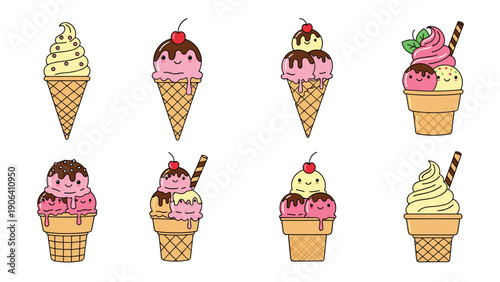 Collection of eight adorable ice cream cones with sweet faces and various toppings like cherries and chocolate.