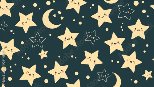 Enchanting seamless pattern of cute cartoon stars and crescent moons with adorable faces on a dark blue evening sky backdrop.