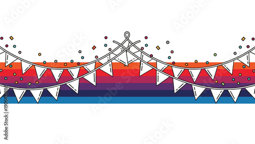 Festive white triangular bunting draped across a vibrant multi-colored striped background decorated with floating confetti particles.