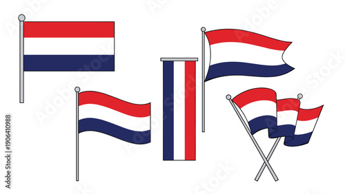 Set of various flag styles featuring red white and blue horizontal stripes displayed on flagpoles and as crossing banners for display.