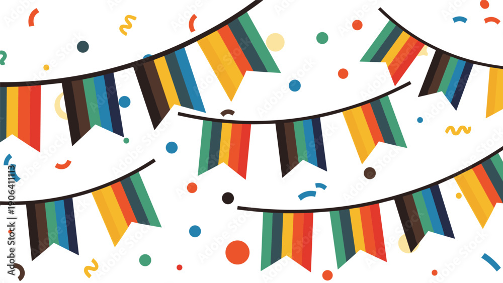 Obraz premium Festive strings of colorful triangular bunting with vertical stripes and scattered confetti dots on a white background.