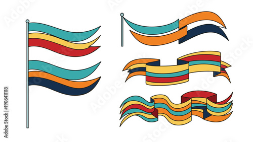 Set of waving flags and ribbons featuring colorful multi colored stripe patterns in blue yellow red and orange hues.