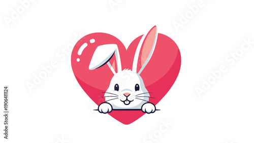 Adorable white rabbit with pink ears peeking over a ledge in front of a large bright pink heart against a white background.