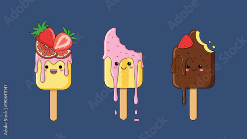 Three cute cartoon popsicles with faces drips and toppings like strawberries and chocolate against a dark blue background.