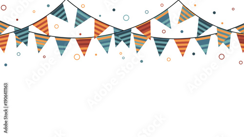 Strings of colorful triangular bunting with horizontal stripes and festive confetti scattered across a clean white background.
