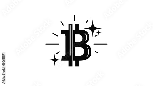 Black and white illustration of a bitcoin symbol surrounded by sparkling star shapes and radiating light lines on a plain field.