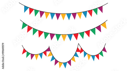 Colorful celebration background featuring three rows of multi-colored triangular bunting banners for joyful party decorations.