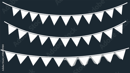 Three rows of white triangular bunting banners hanging against a dark navy blue background creating a festive and sharp contrast.