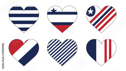 Collection of six hearts decorated with various striped and star patterns in red, white, and navy blue colors for romantic art.