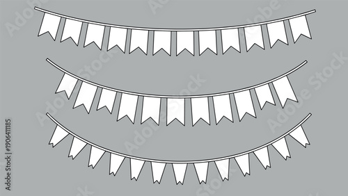 Three rows of simple white bunting banners hanging against a solid gray background for a clean and minimalist look in any space.