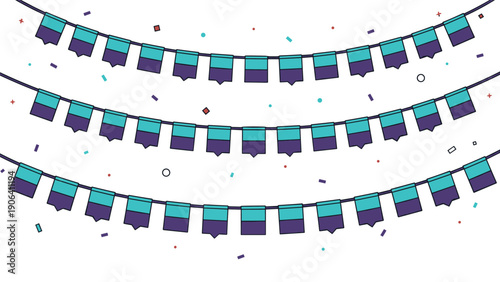 Festive decoration featuring rows of teal and purple bunting flags with scattered confetti on a white background for birthdays.