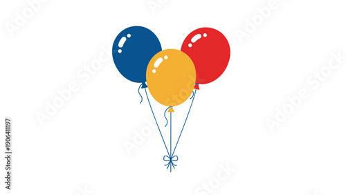 Set of three balloons in navy blue, yellow, and red tied together with strings and a blue bow on a white background for birthdays.