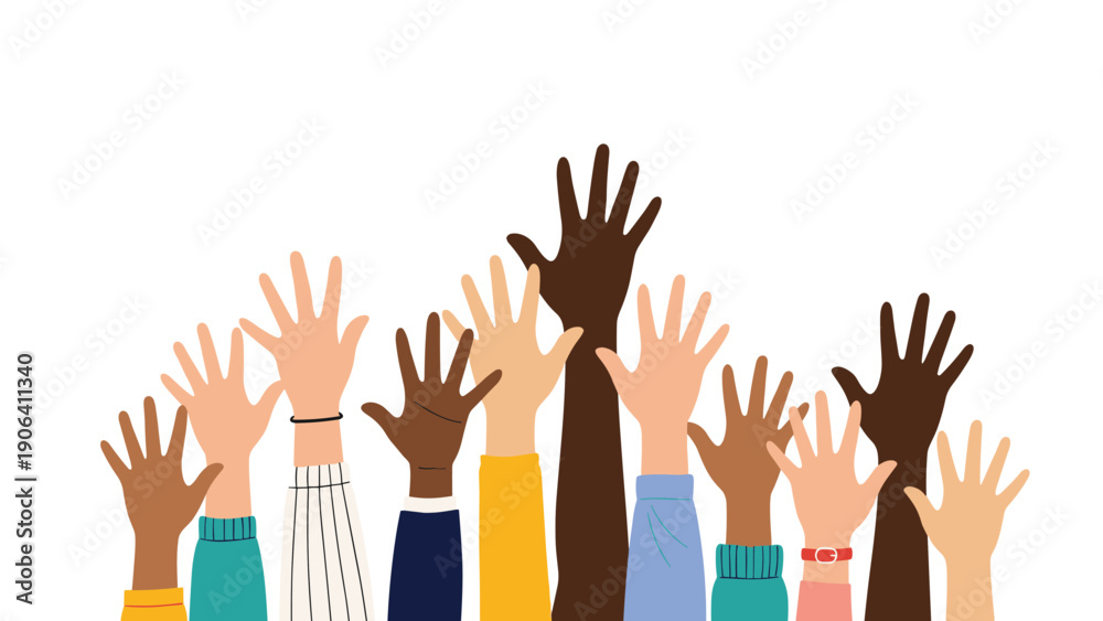 Fototapeta premium Many diverse hands with various skin tones and shirt sleeves raised up high against a plain white background for unity concepts.